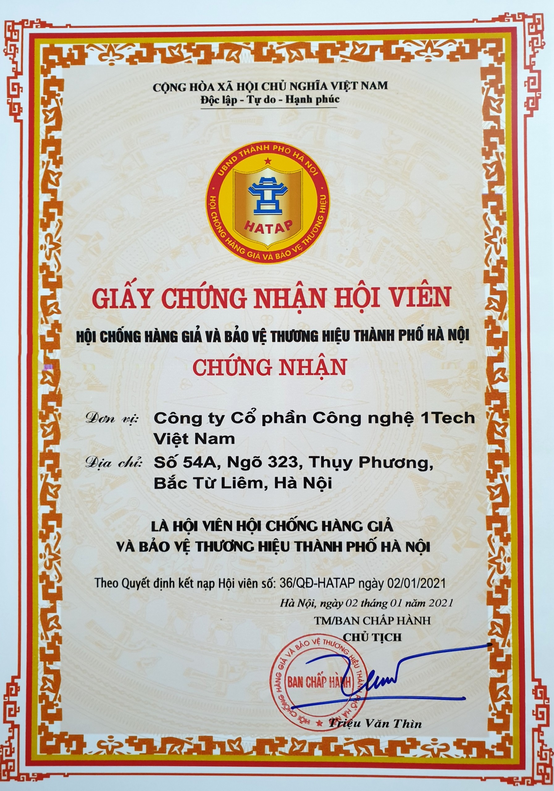 Giấy chứng nhận hội viên Hội chống hàng giả